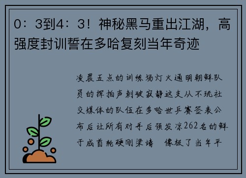 0：3到4：3！神秘黑马重出江湖，高强度封训誓在多哈复刻当年奇迹